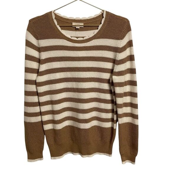 Ann Taylor Loft Striped Scalloped Neck Cotton Sweater White Tan Large NWT - Picture 1 of 6